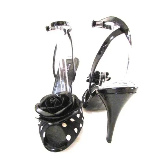 Designer Ralph Lauren Black White Polka Dot Flower Detail Ankle Strap Sandals - Picture 3 of 8